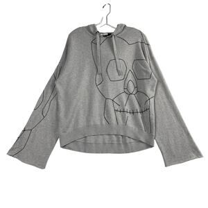 Skull Cashmere Long Flare Sleeve Embroidered Pullover Hoodie Sweater Gray Small
